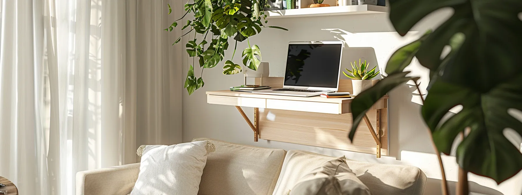 A Compact, Wall-Mounted Desk Is Neatly Folded Up Against The Wall In A Bright And Airy Los Angeles Living Room, Showcasing Efficient Space-Saving Furniture.