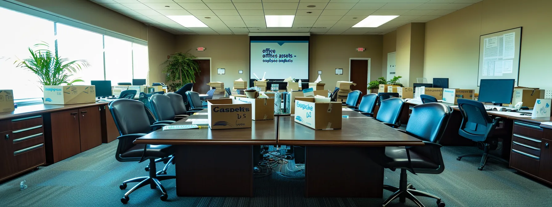 A Conference Room In Irvine, Ca Filled With Moving Boxes, Labeled With 