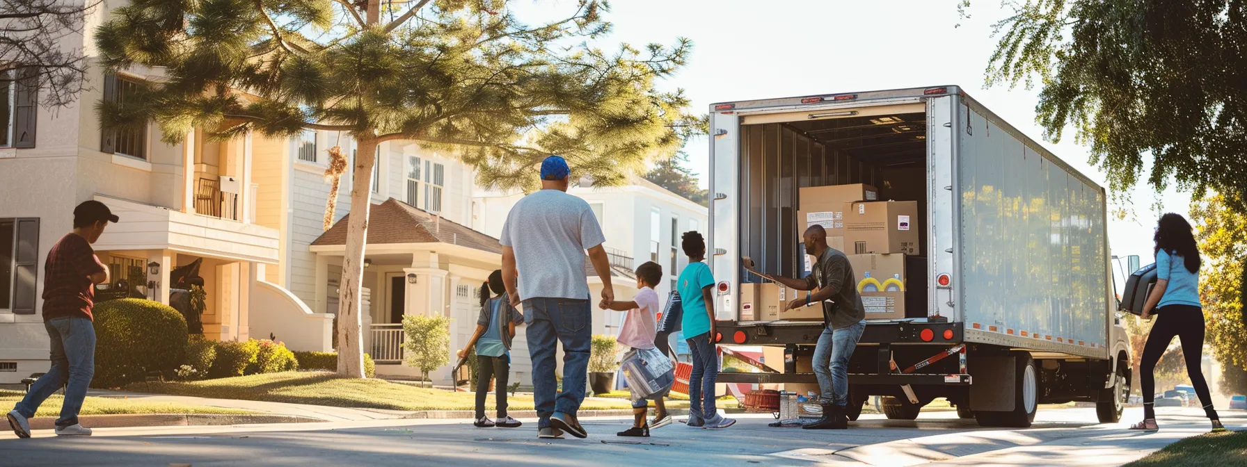 A Content Family Watching Professional Movers Efficiently Load Their Belongings Into A Moving Truck, With A Peaceful Los Angeles Neighborhood In The Background.