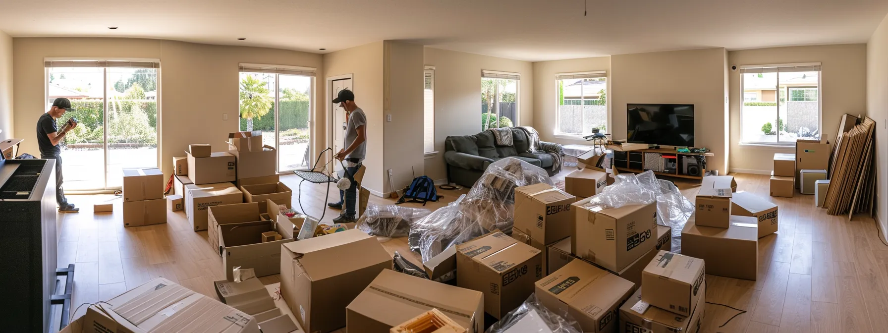 A Couple Carefully Packing Labeled Boxes In Their Spacious Irvine, Ca Home, Preparing For A Successful Cross Country Move.