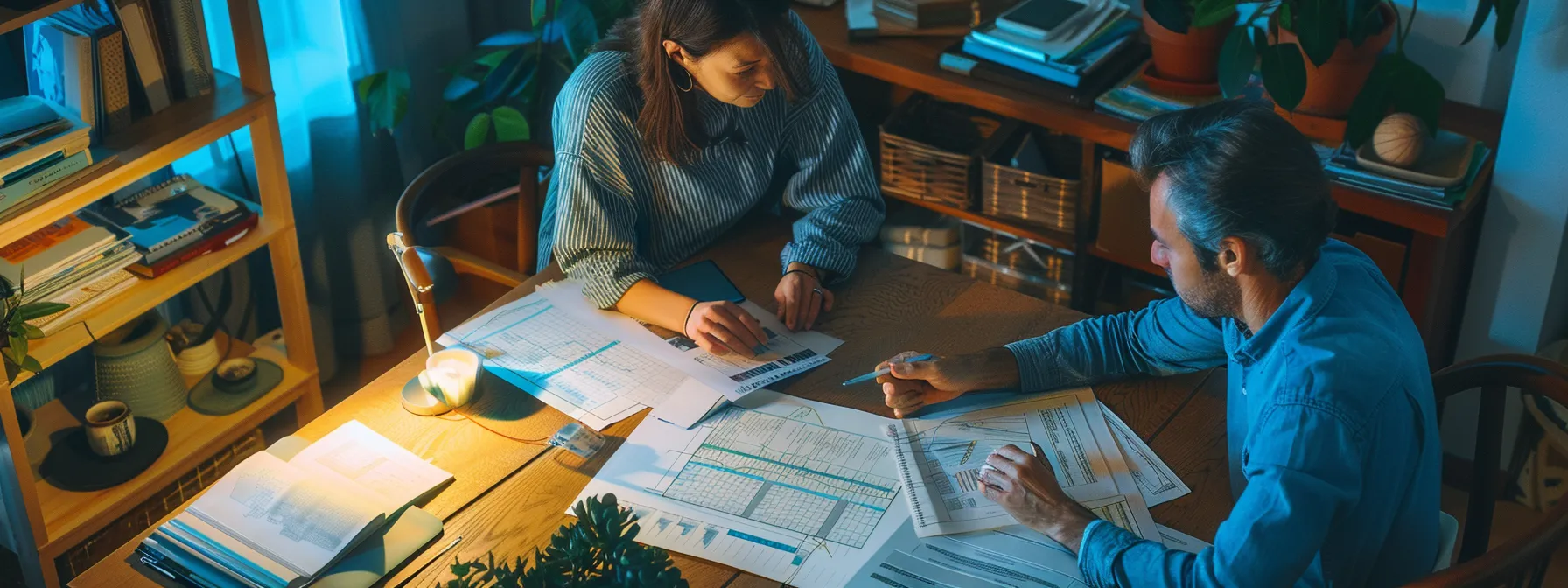 A Couple Carefully Reviewing A Detailed Moving Budget Spreadsheet On Their Dining Table, With A Map Of Irvine, Ca In The Background.