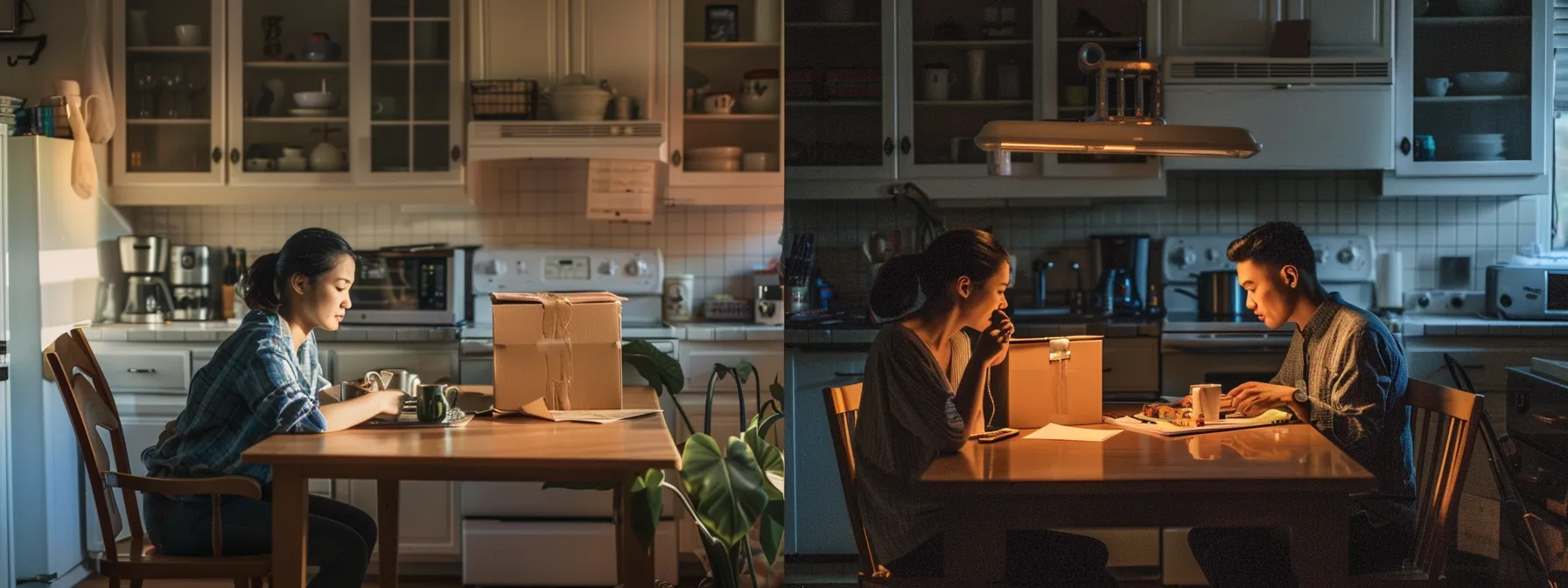 A Couple Sitting At A Kitchen Table Surrounded By Moving Boxes, Comparing Pricing On Detailed Estimates From Different Moving Companies In Orange County.