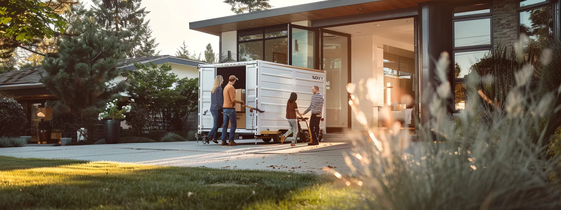 A Family Cheerfully Loading A Portable Storage Container In Front Of Their Home On Moving Day.