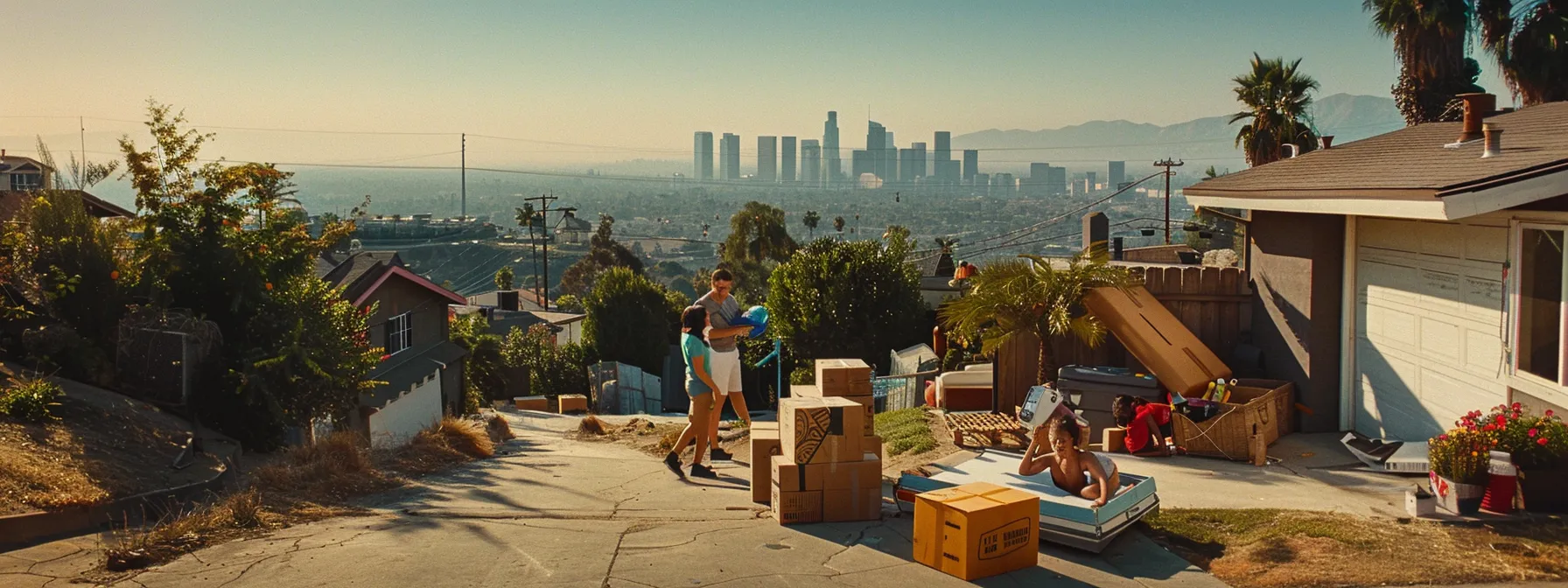 A Family Cheerfully Packing Boxes With A Scenic Los Angeles Backdrop, Preparing For A Stress-Free And Organized Move.