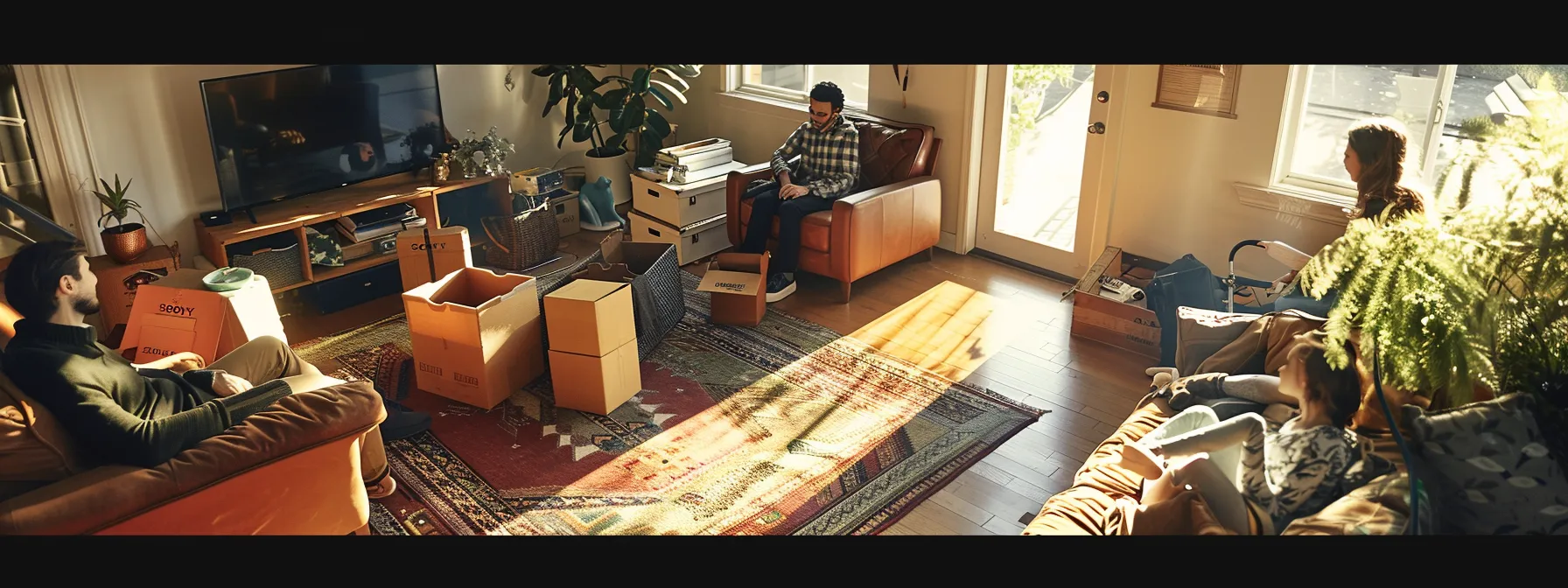 A Family Cheerfully Unpacking Boxes In Their New Home While Professional Movers Relax Nearby, Surrounded By Positive Reviews And Credentials Displayed On The Wall.