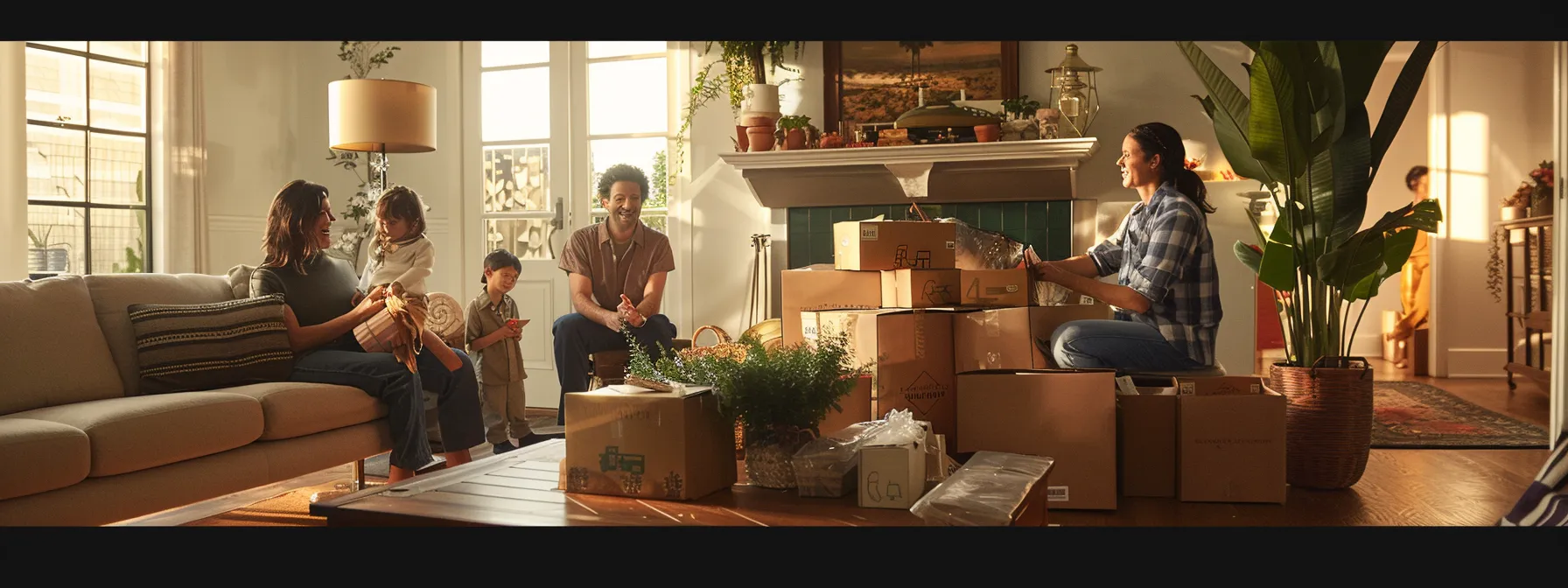 A Family Excitedly Watching Professional Movers Wrap Their Belongings With Precision And Care In A Spacious, Organized Living Room.