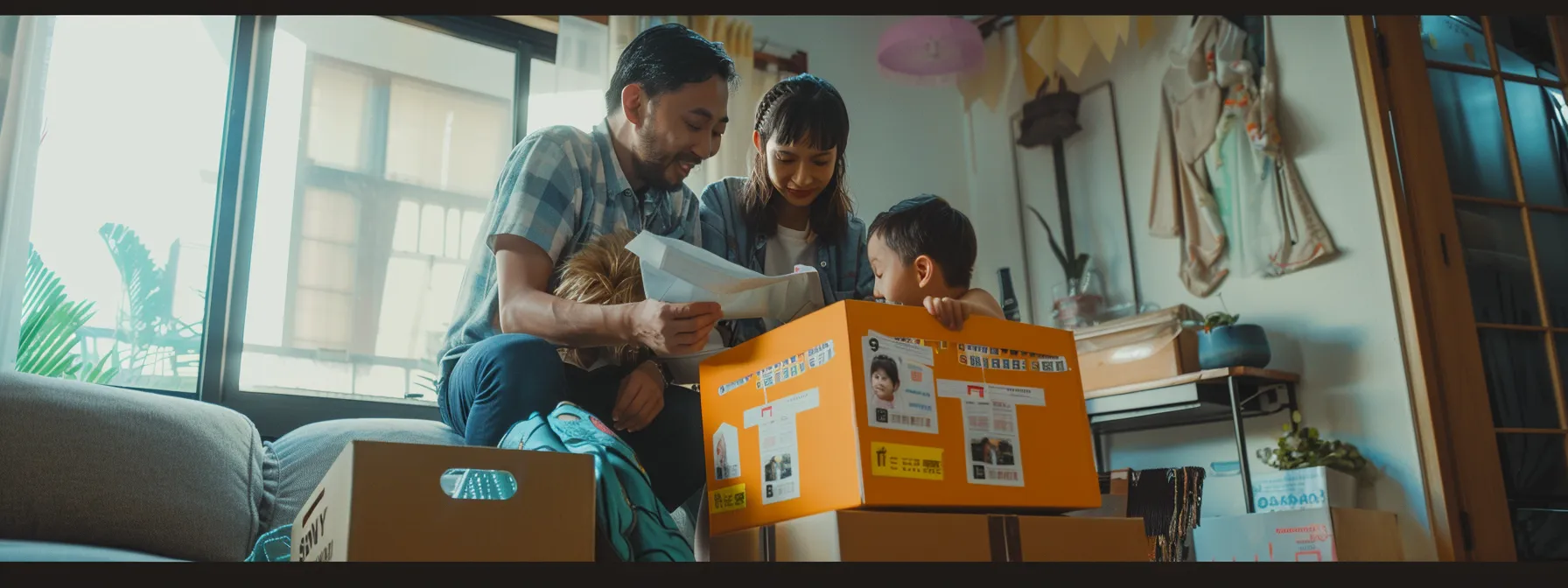 A Family Gathered Around A Colorful Moving Timeline And Checklist, With Boxes Labeled And Ready For Their Relocation Journey To Los Angeles.