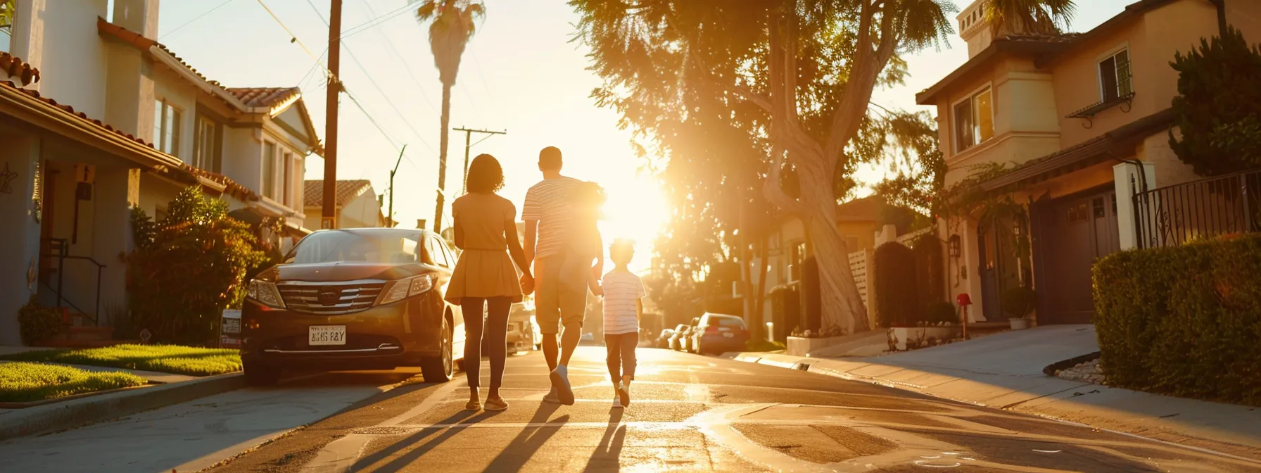 A Family Happily Exploring A Vibrant And Safe Los Angeles Neighborhood With Schools And Amenities Nearby.