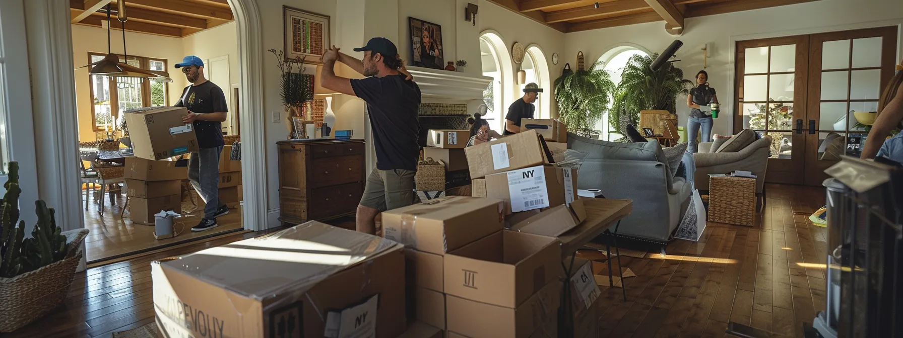 A Family Happily Packing Boxes With Professional Movers In Action In The Background For A Stress-Free Moving Day.