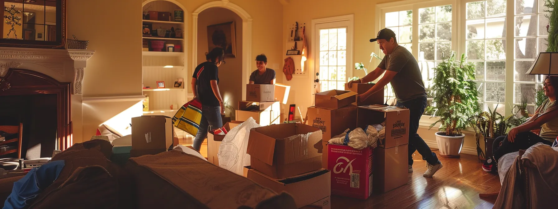 A Family Happily Packing Boxes With The Help Of Professional Movers In Preparation For Their Stress-Free Los Angeles Move.