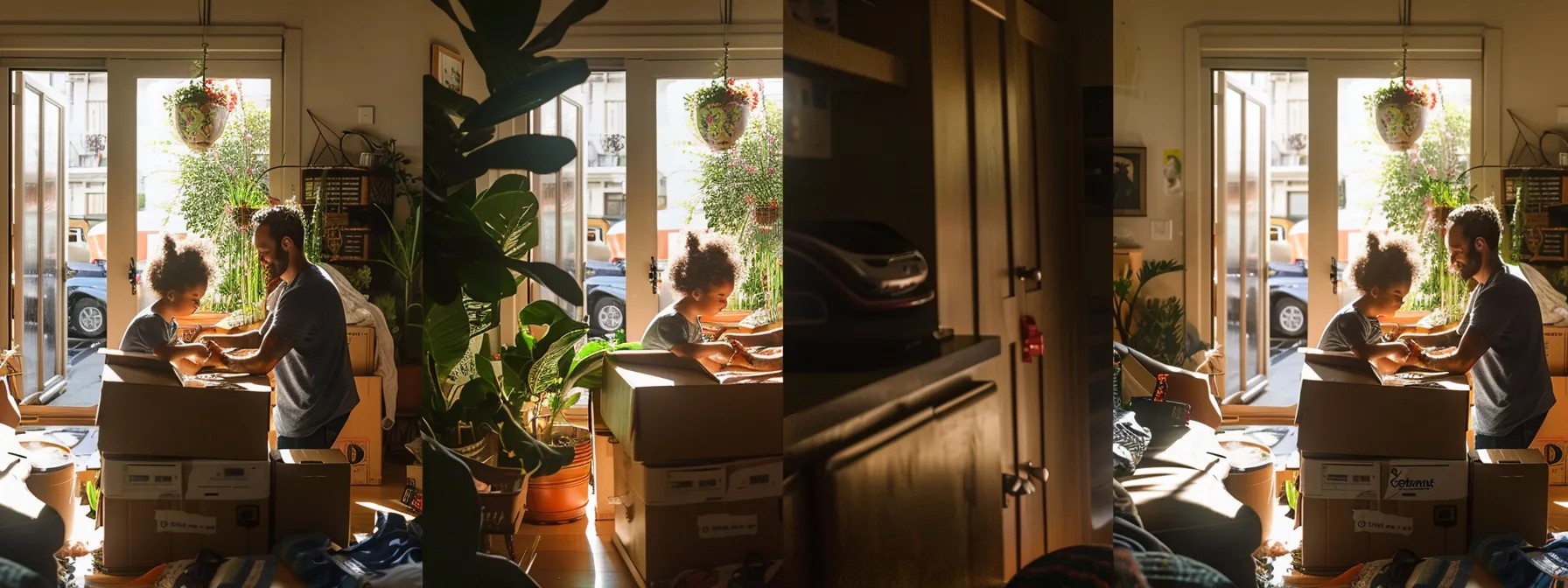 A Family Happily Packing Cardboard Boxes With La Green Movers In Preparation For An Eco-Friendly Move.