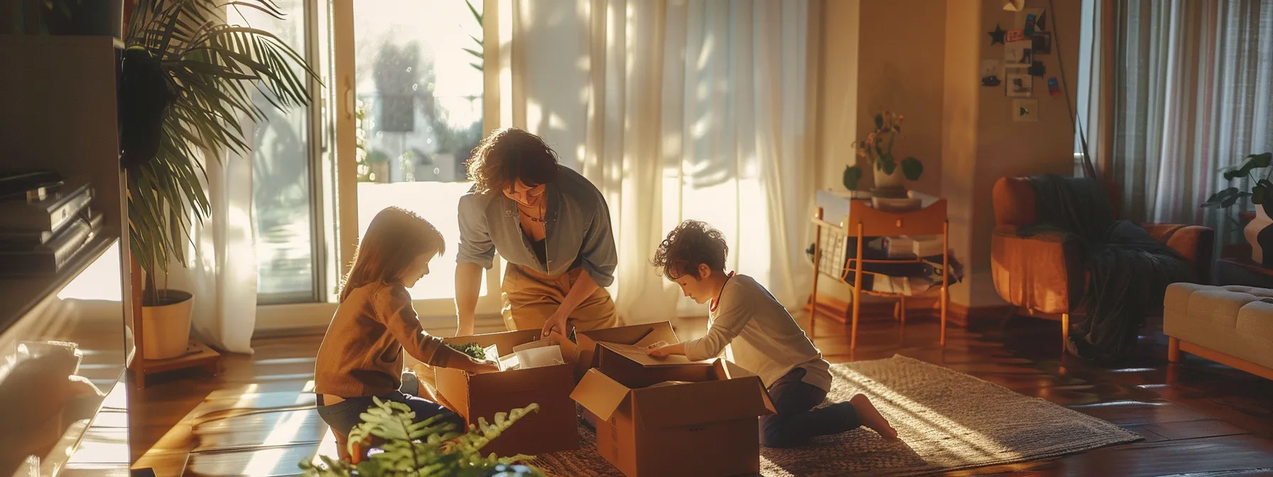 A Family Happily Sorting And Donating Items In A Bright, Eco-Friendly Living Room In Preparation For An Eco-Conscious Move In Los Angeles.