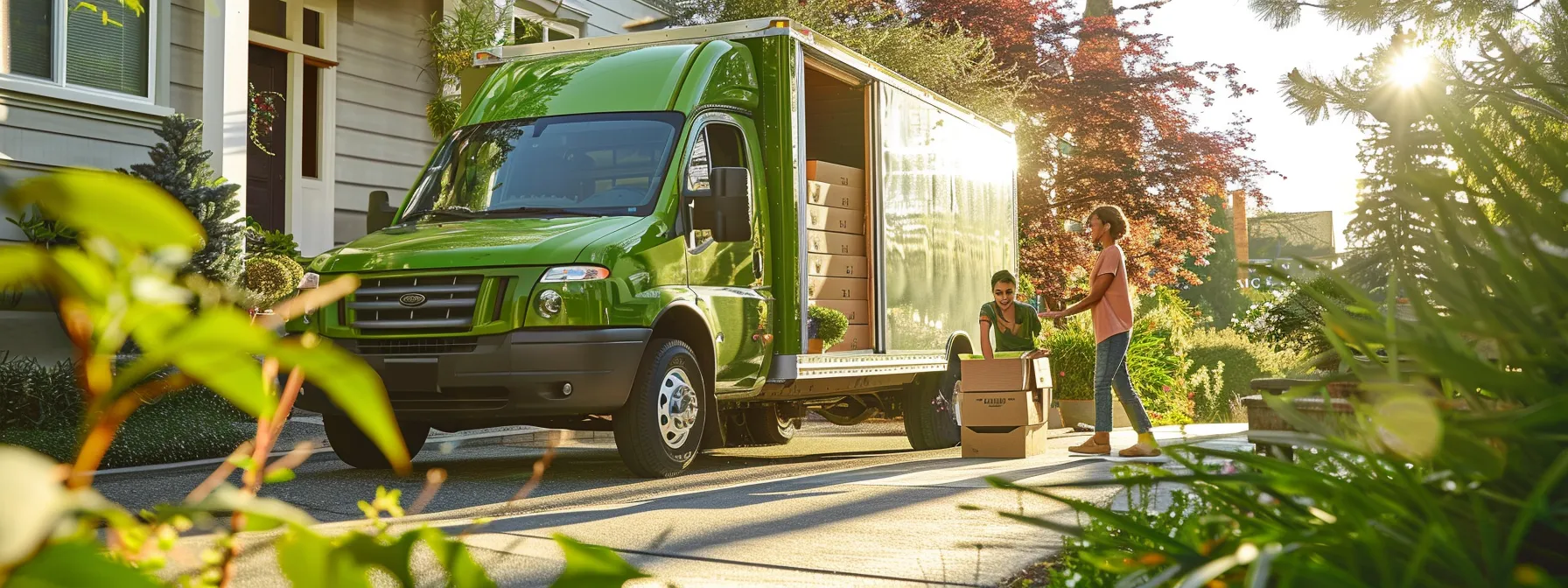 A Family Happily Unloading Eco-Friendly Moving Boxes From A Green Moving Truck In Los Angeles, Surrounded By Lush Greenery And Solar Panels.