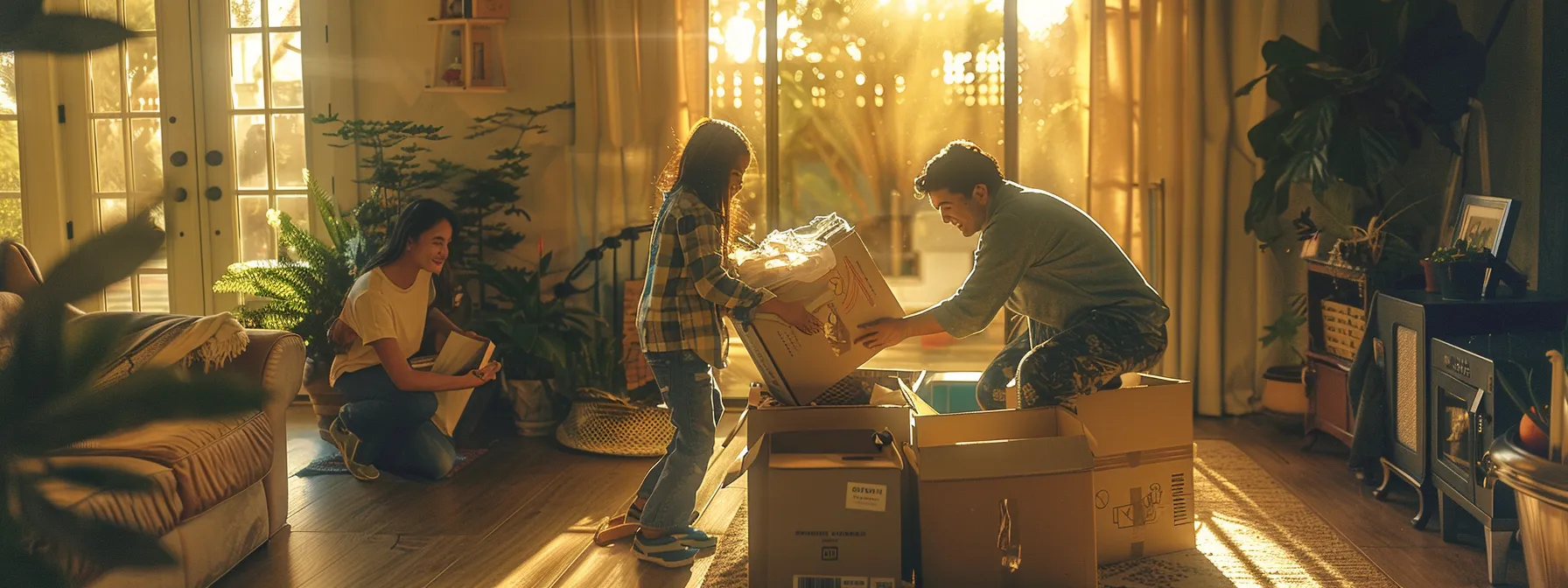 A Family Happily Unpacking Boxes In Their New Los Angeles Home After A Successful Long-Distance Move With Reliable Movers.