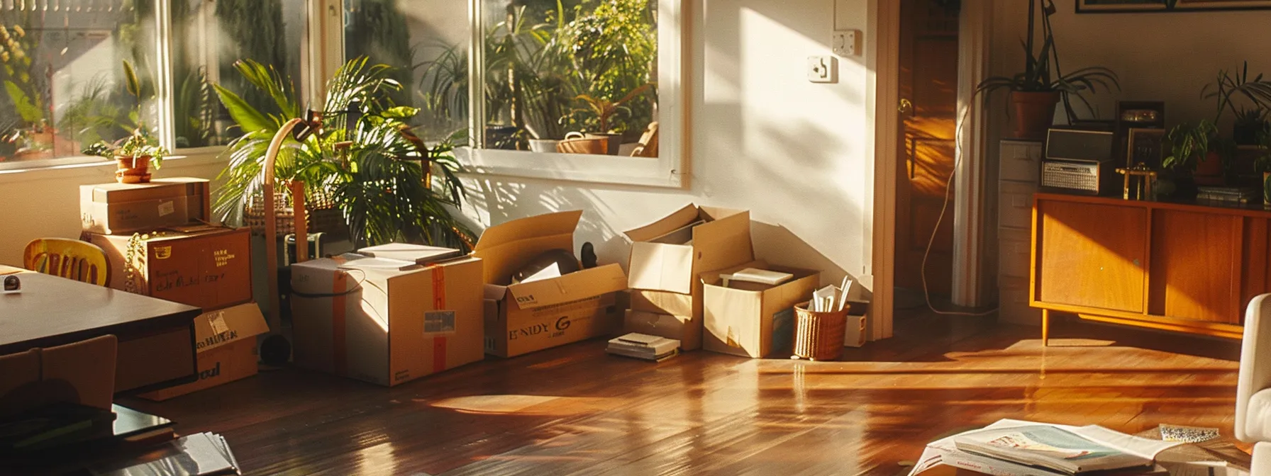 A Family Happily Unpacking Boxes In A Well-Organized Living Room In Century City After A Smooth Home Relocation In Los Angeles.