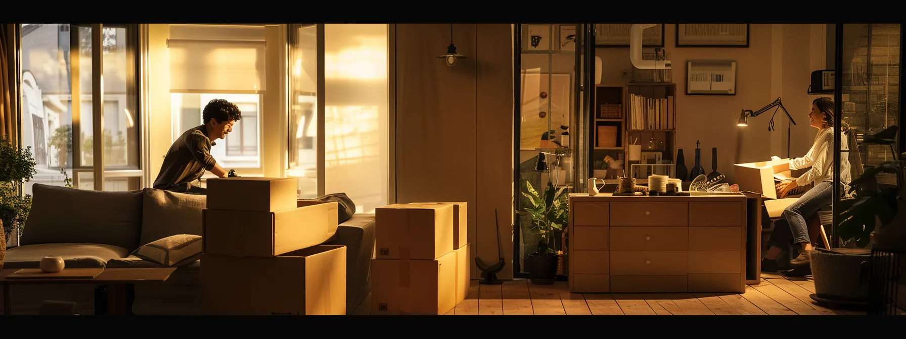 A Family Happily Unpacking Boxes In Their New, Cost-Effective Home With Efficient Moving Solutions.