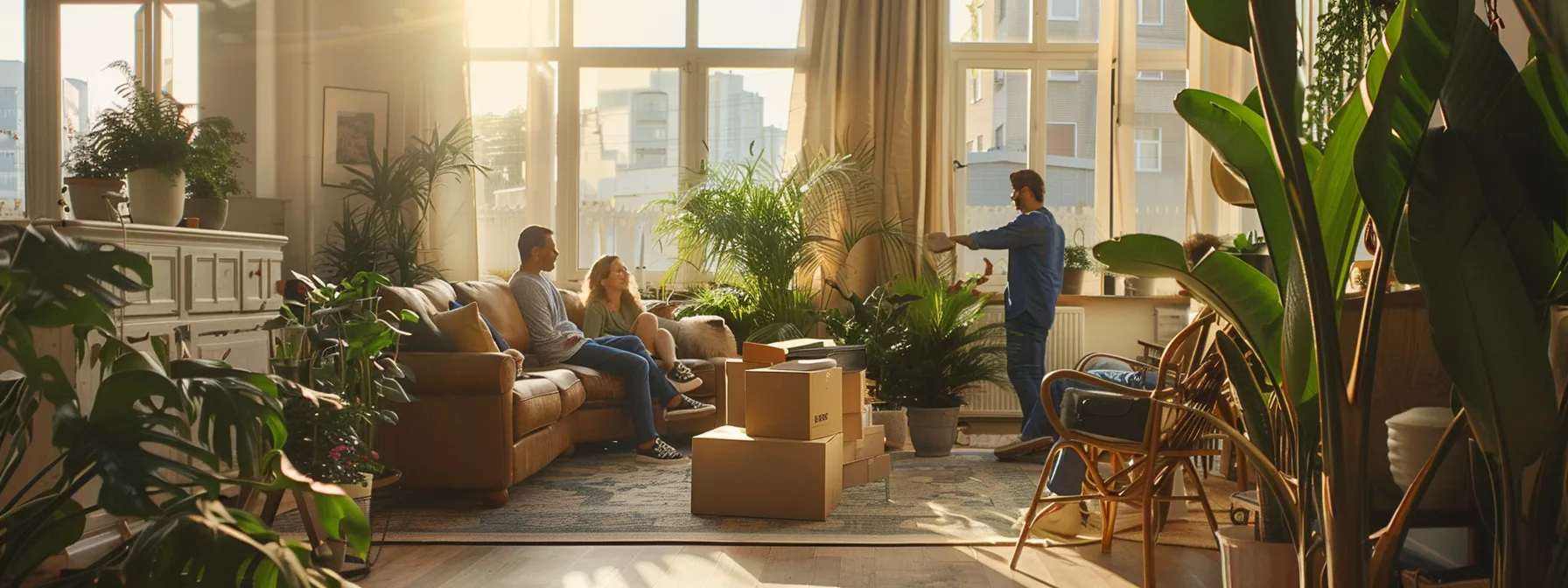 A Family Happily Unpacking Boxes In Their New, Spacious And Well-Lit Living Room Filled With Cozy Furniture And Green Houseplants After Selecting The Right Home Relocation Service.