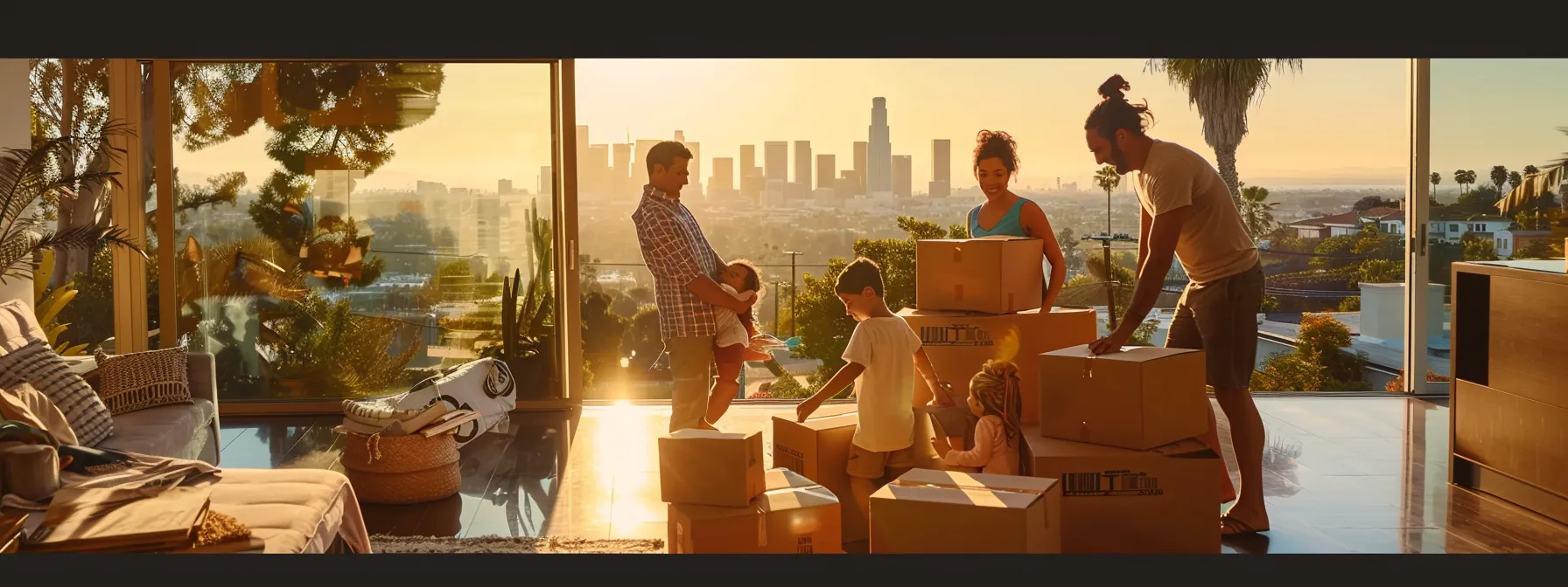 A Family Happily Unpacking Moving Boxes In Their New Los Angeles Home, Surrounded By Trustworthy Movers And A Scenic View Of The City Skyline.