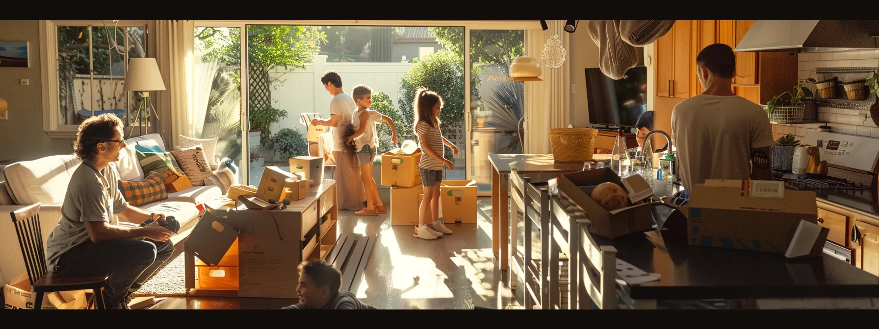 A Family Happily Unpacking Boxes In Their New Los Angeles Home, Surrounded By Professional Movers Providing Full-Service Assistance.