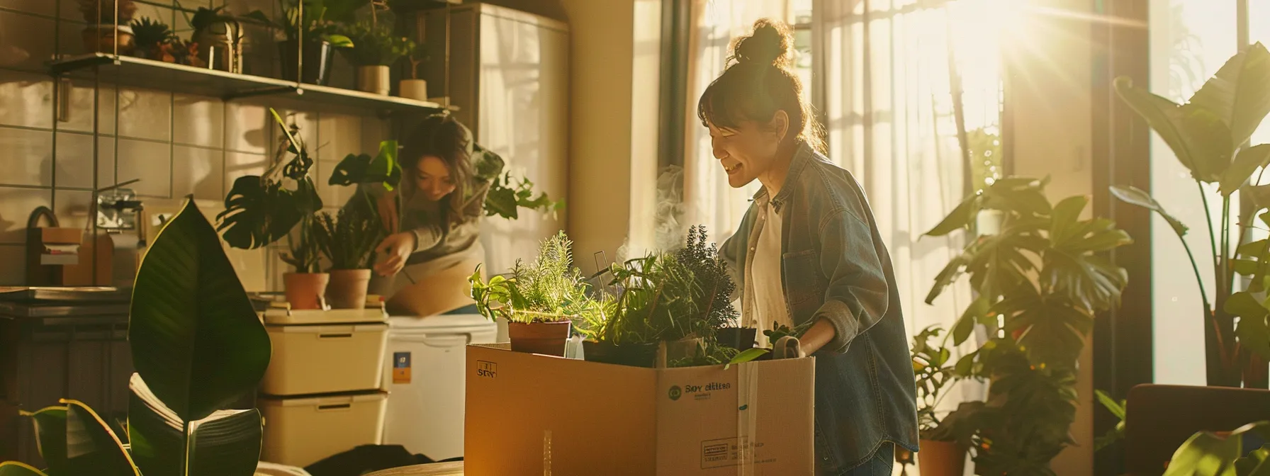 A Family Happily Unpacking Recycled Boxes Labeled With Eco-Friendly Movers' Logo In A Spacious, Sunlit Living Room Filled With Plant-Filled Shelves And Energy-Efficient Appliances After Embracing Sustainable Moving Services In Los Angeles.