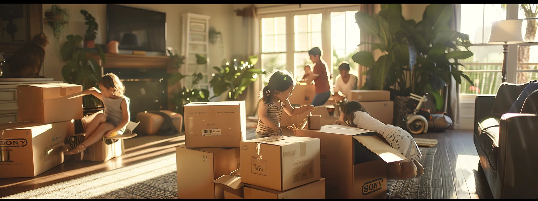 A Family Happily Unpacking Boxes In Their New Home, Surrounded By Professional Movers In Action, Showcasing A Stress-Free And Organized Moving Day.