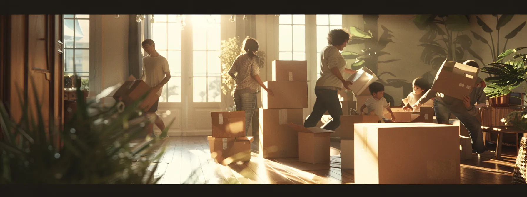 A Family Happily Unpacking Boxes In Their New Home While Professional Movers In The Background Efficiently Handle The Relocation Process.