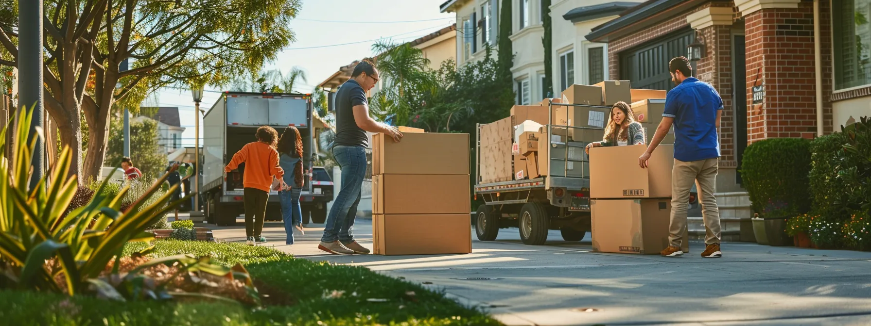 A Family Happily Unpacking Boxes In Their New Los Angeles Home, Surrounded By Professional Movers And A Moving Truck Parked Outside.