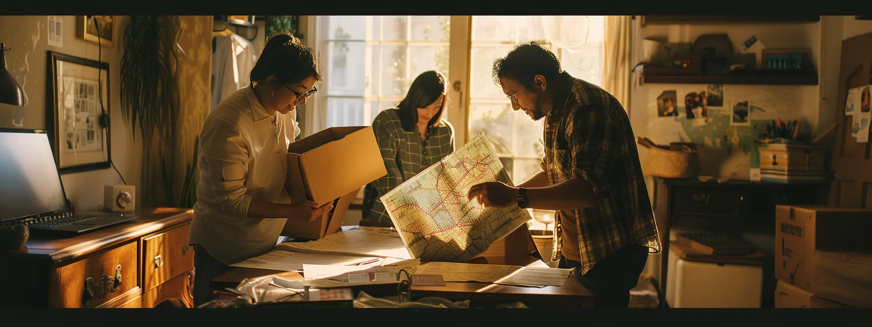 A Family Happily Unpacking Boxes In Their New Los Angeles Home Surrounded By Vibrant Neighborhood Maps And Moving Checklists.