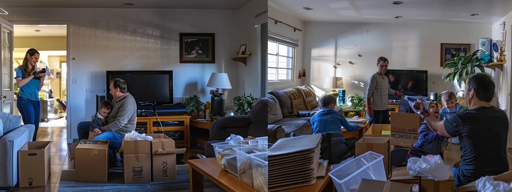 A Family Happily Unpacking Boxes In Their New Home After A Stress-Free Move With Professional Movers.