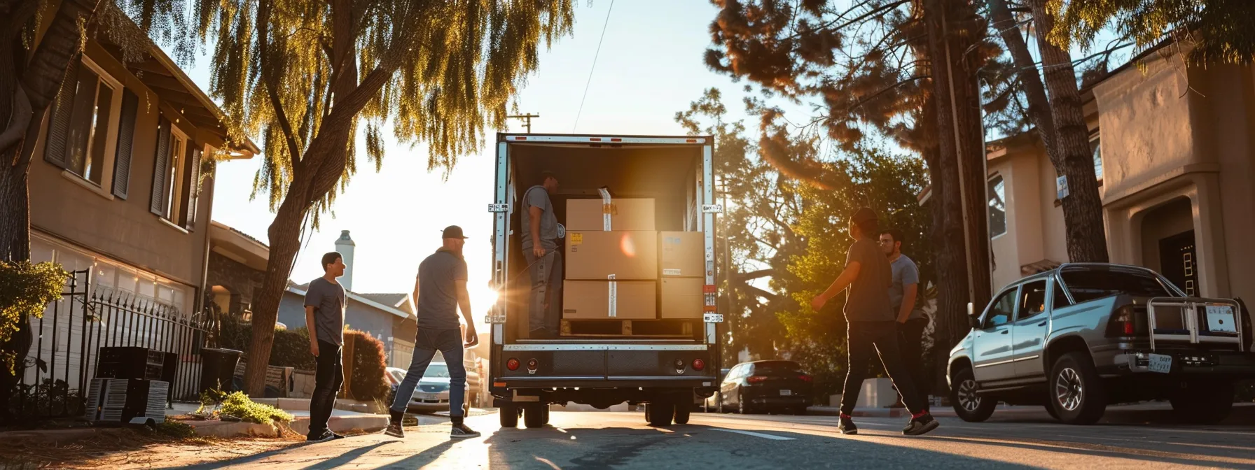 A Family Happily Watching Professional Movers In Action, Showcasing A Stress-Free And Organized Moving Day In Los Angeles.