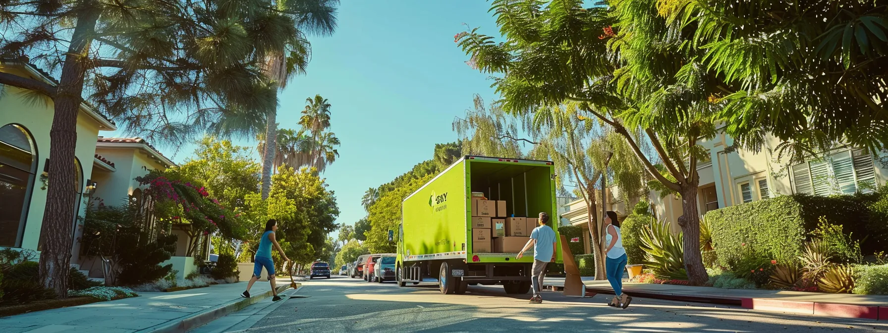 A Family Happily Watching As Eco-Friendly Movers In Los Angeles Load Their Belongings Onto A Green Moving Truck, Surrounded By Lush Trees And Clear Blue Skies.