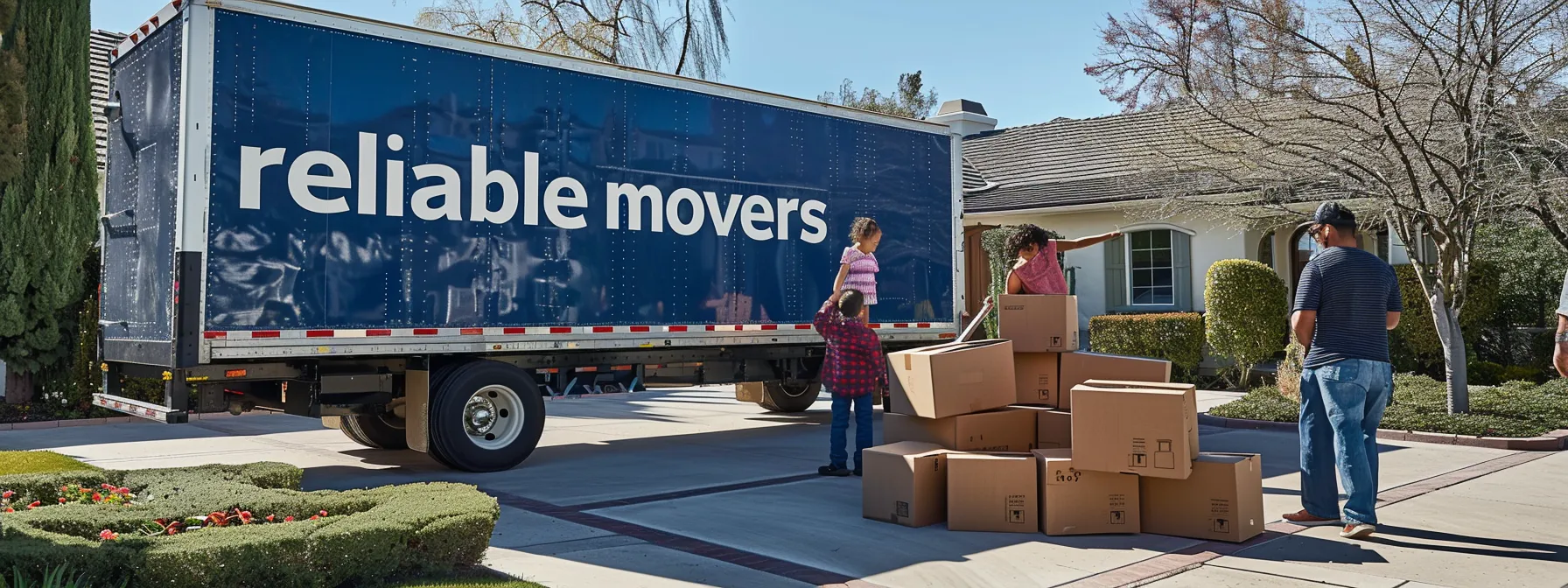 A Family Inspecting A Moving Truck Labeled 