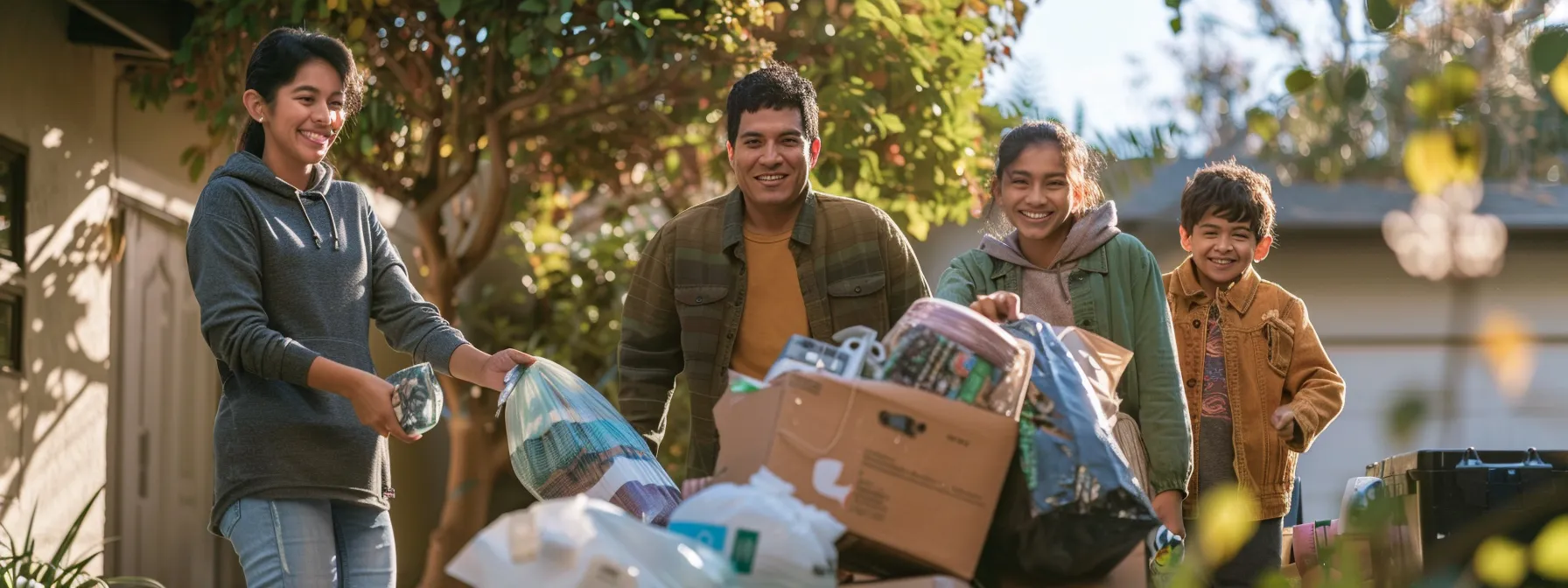 A Family Joyfully Donating Unwanted Items And Recycling Electronics Before Their Eco-Friendly Move In Los Angeles.