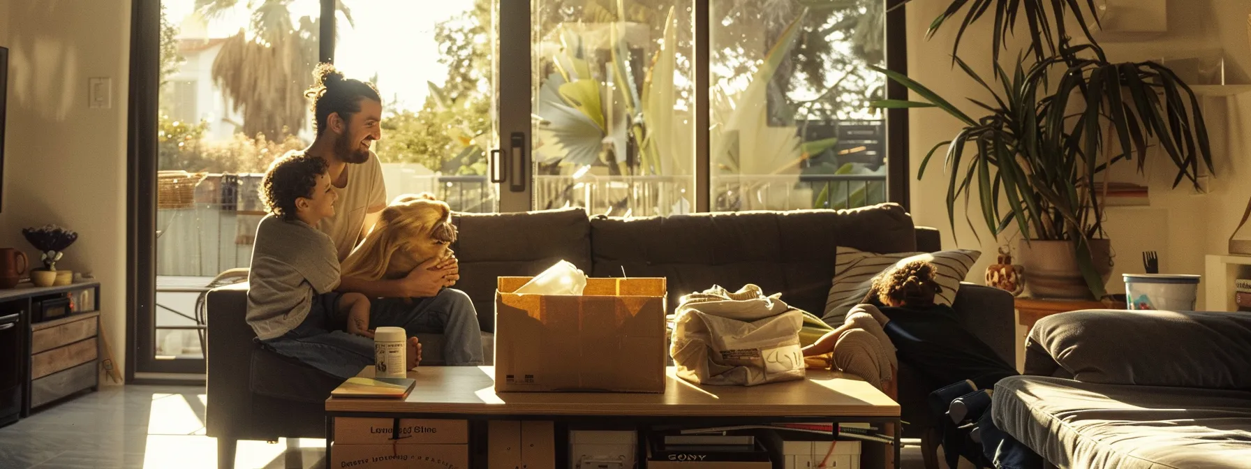 A Family Joyfully Packing Their Belongings With Eco-Friendly Materials In A Sunny Los Angeles Home.