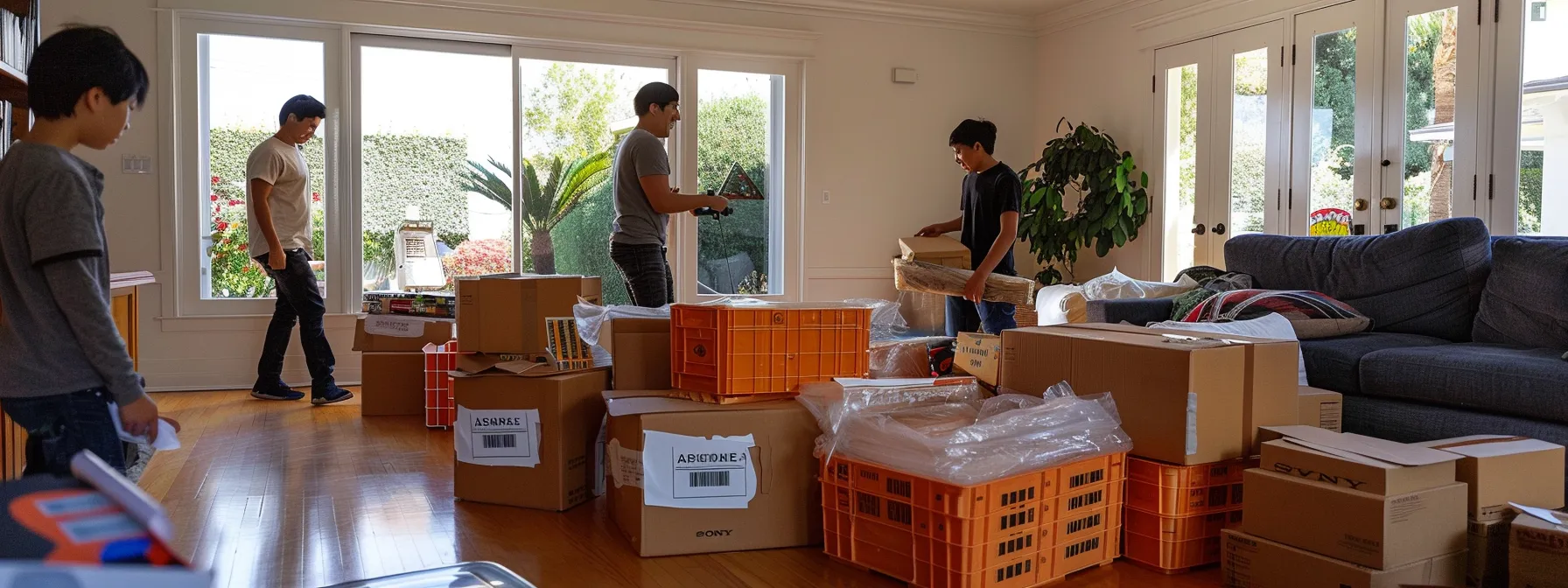 A Family Joyfully Packing Their Belongings In Sturdy, Eco-Friendly Moving Boxes As They Prepare For A Stress-Free And Sustainable Move To Their New Home In Los Angeles.