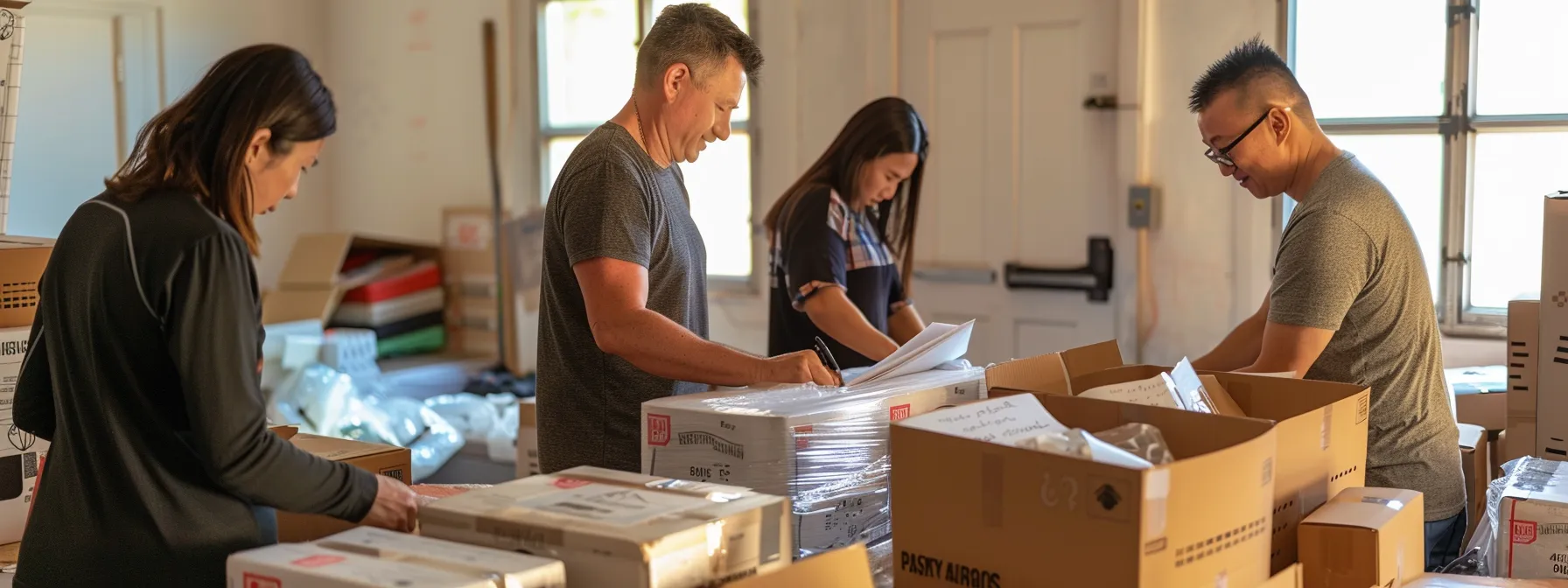 A Family Joyfully Signing A Contract With Los Angeles Movers, Surrounded By Packed Boxes And Moving Supplies, Ready For A Smooth And Stress-Free Moving Day.