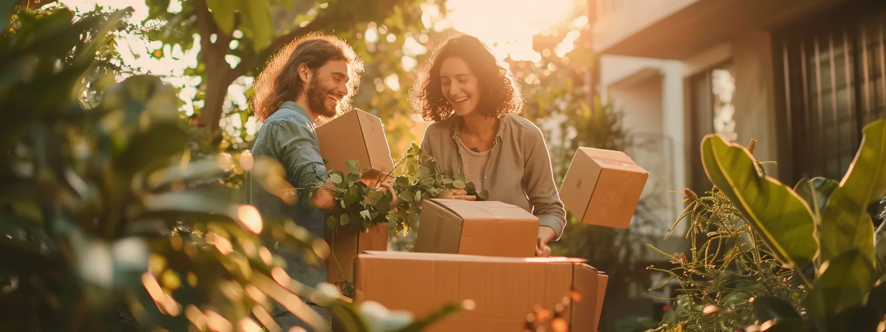 A Family Joyfully Unpacking Eco-Friendly Moving Boxes In Their Sunny Los Angeles Backyard, Surrounded By Lush Greenery, Showcasing Their Commitment To Sustainability.