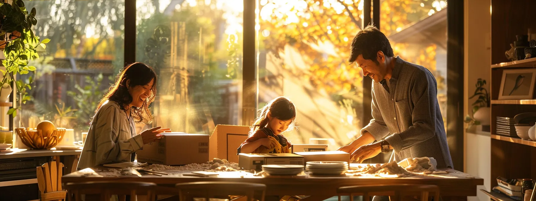 A Family Joyfully Unpacking Recycled Boxes In Their New Eco-Friendly Home In Los Angeles.