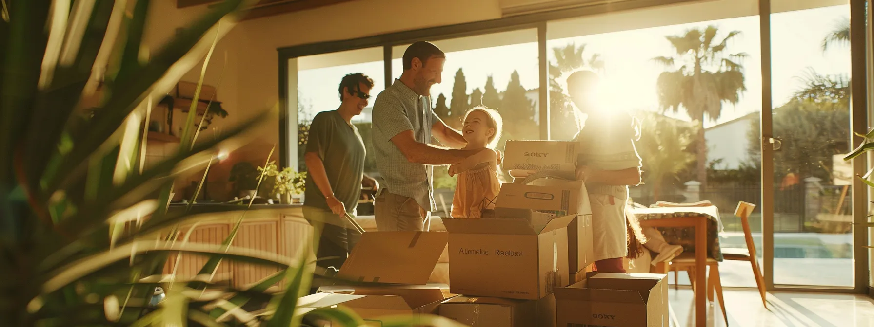 A Family Joyfully Unpacking Boxes In Their New Suburban Home With Professional Movers In The Background On A Sunny Day.