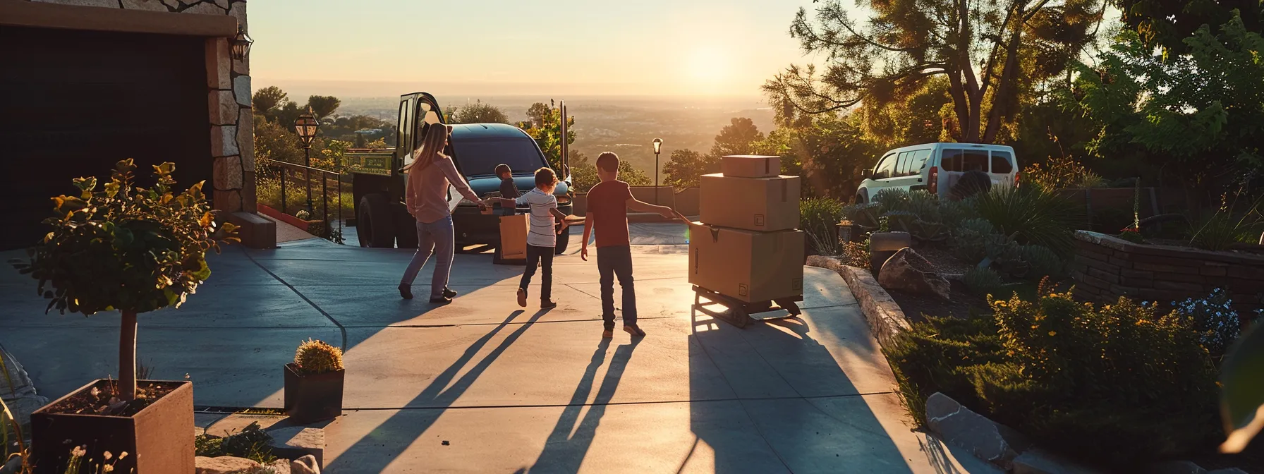 A Family Joyfully Watching Professional Movers Carry Boxes Into Their New Home, Surrounded By Moving Trucks And A Scenic View, Capturing The Essence Of A Stress-Free And Exciting Moving Day.