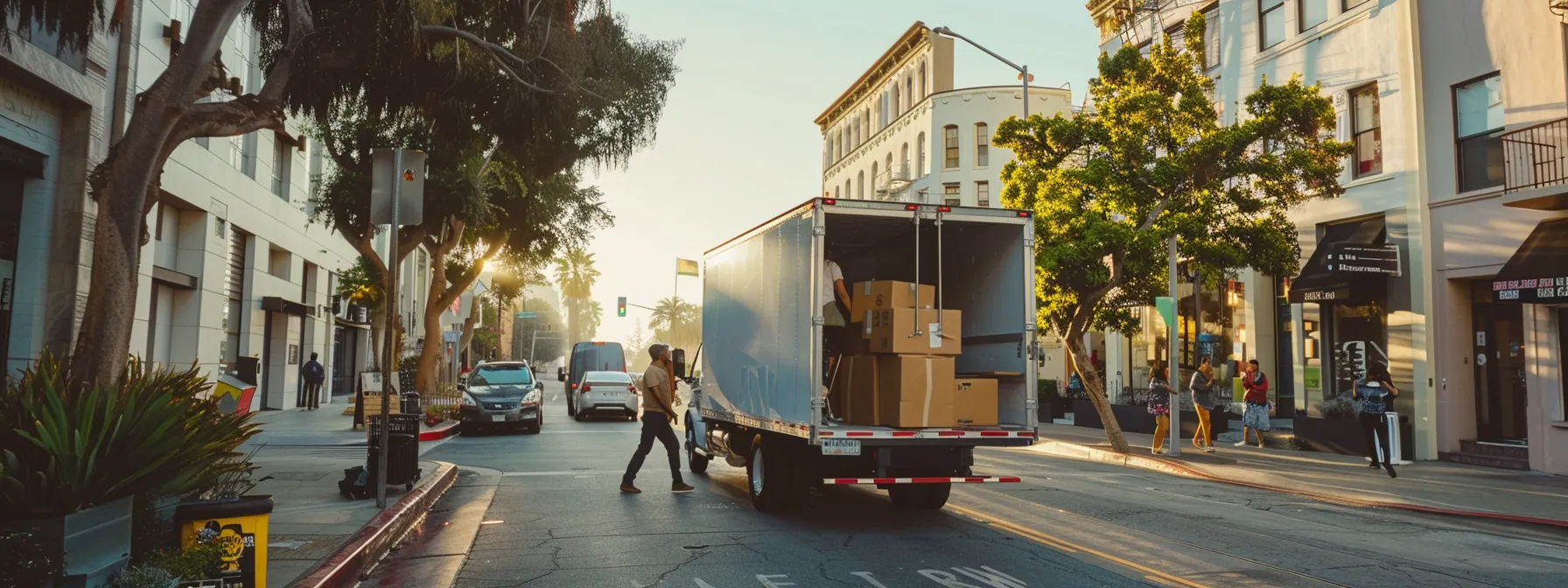 A Family Loading Recycled Boxes Into An Eco-Friendly Moving Truck In The Bustling City Of Los Angeles.