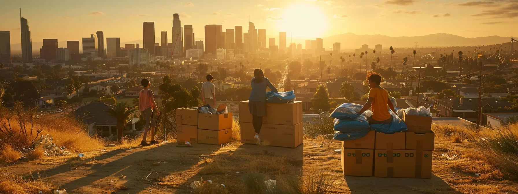 A Family Packing Eco-Friendly Moving Boxes With Recyclable Materials Against The Backdrop Of The Los Angeles Skyline, Emphasizing Sustainability And Environmental Consciousness.