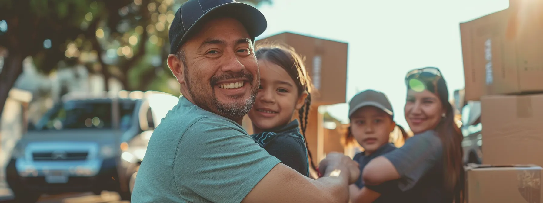 A Family Smiling As Professional Movers Efficiently Pack Their Belongings Into A Moving Truck, Showcasing A Stress-Free And Cost-Effective Moving Experience In Los Angeles.