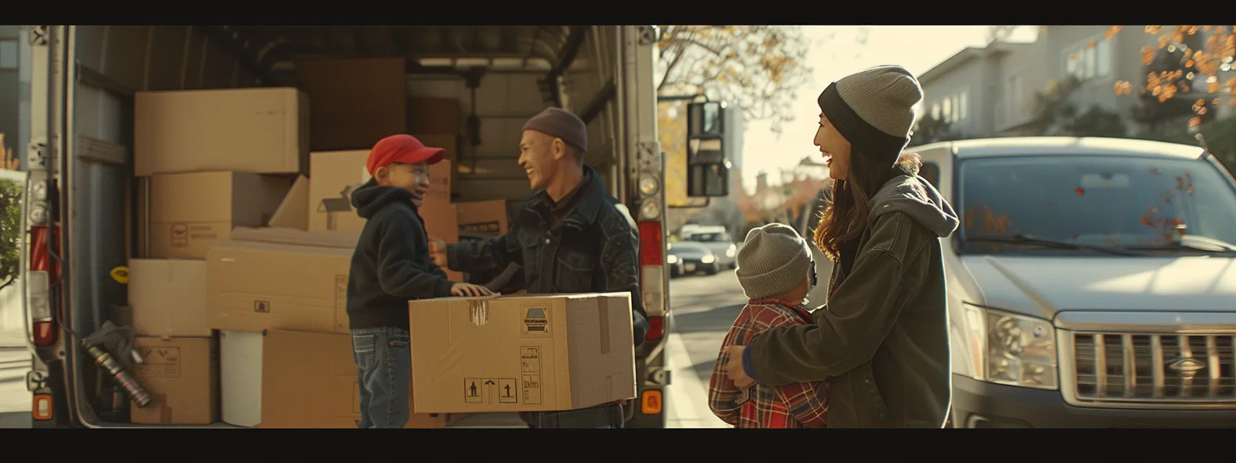 A Family Smiling As They Watch Professional Movers Efficiently Load Boxes Onto A Budget-Friendly Moving Truck In Los Angeles.