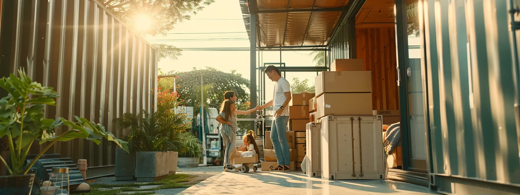 A Family Smiling While Effortlessly Loading Boxes Into A Spacious Storage Container Provided By A Top La Moving Company, Surrounded By A Neatly Organized Moving Checklist And Glowing Customer Reviews.