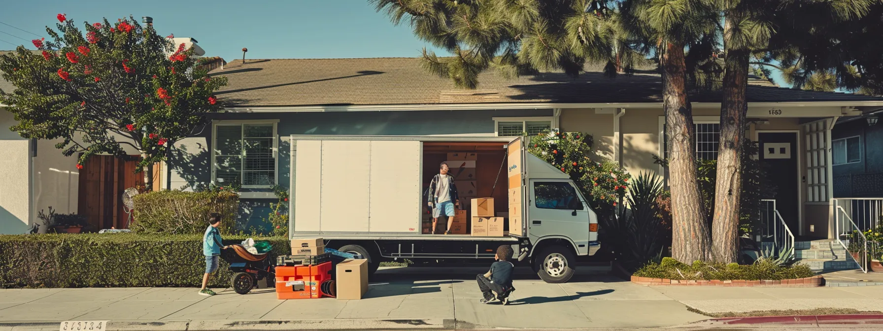 A Family Standing Outside Their Newly Purchased Home In Los Angeles, Surrounded By Moving Boxes And A Moving Truck Packed With Their Belongings.