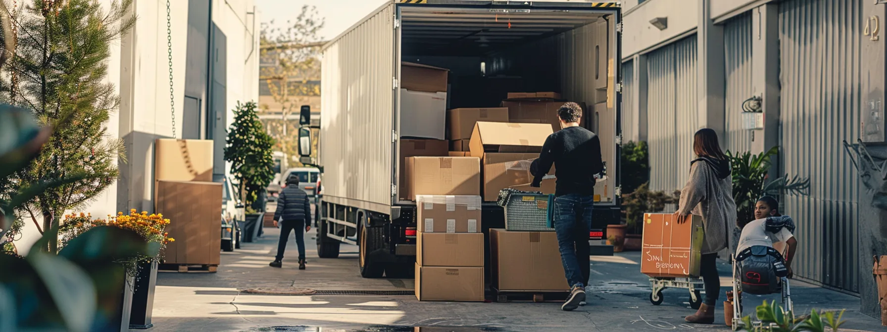 A Family Unloading Boxes From A Moving Truck At A Modern, Secure Storage Facility In Los Angeles.