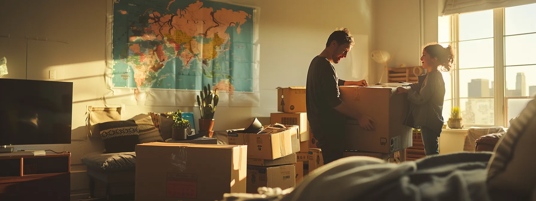 A Family Unpacking Boxes In Their New Los Angeles Home, Surrounded By A Map Of The City And Transportation Schedules.