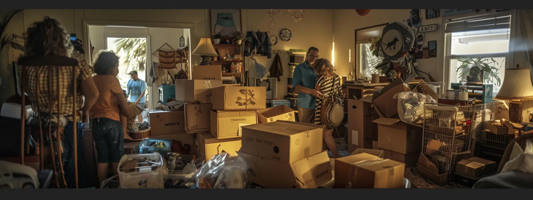 A Frantic Family Packing Boxes In A Hurry, Surrounded By Clutter And Moving Supplies, Reflecting The Urgency Of A Last-Minute Move In Orange County.