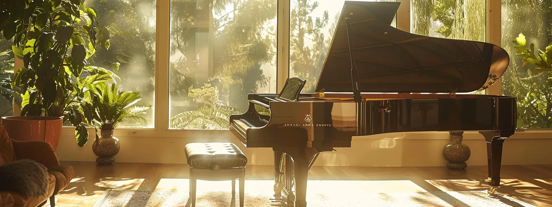 A Grand Piano Bathed In Sunlight, Gleaming In A Spacious Room In Irvine, Ca, Overlooking Lush Greenery, Showcasing Post-Move Care And Maintenance.